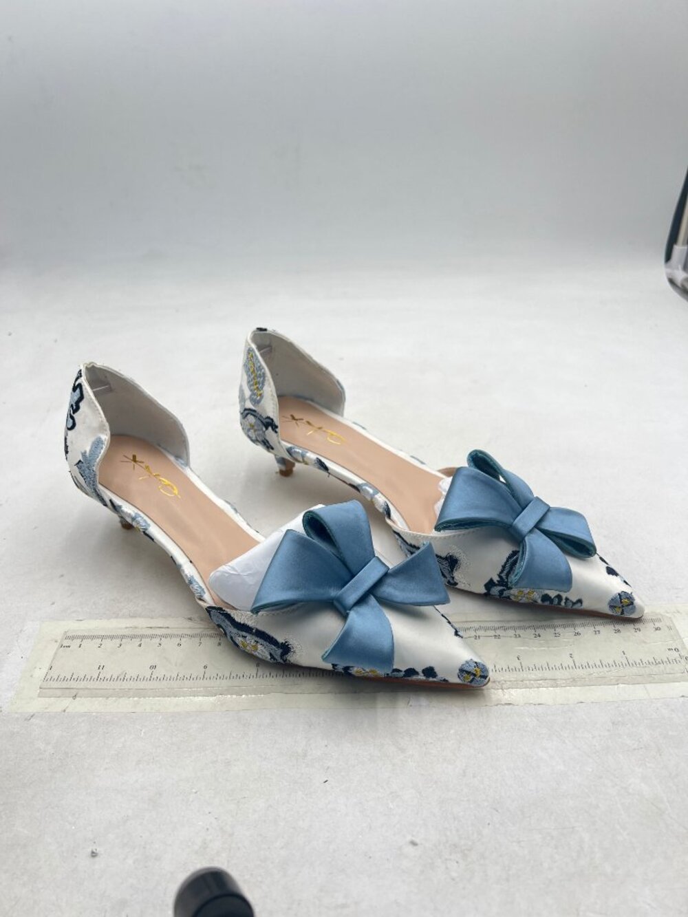 XYD Blue Bloom Embroidery D'Orsay Kitten Heel Bridal Bowknot Pump Point Toe Shoe - Picture 3 of 7